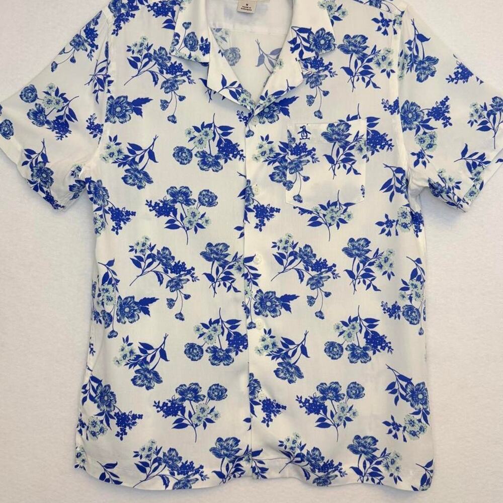 Original Penguin Men's L Blue Floral Viscose Camp Collar Short Sleeve Shirt